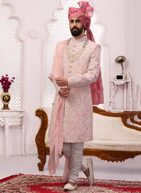 Light Pink Colour Wedding Wear Embroidery Work Sherwani Groom Latest Collection 9009